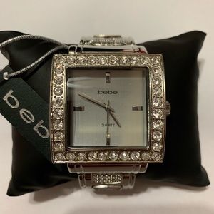 Bebe square watch with crystals, silver.